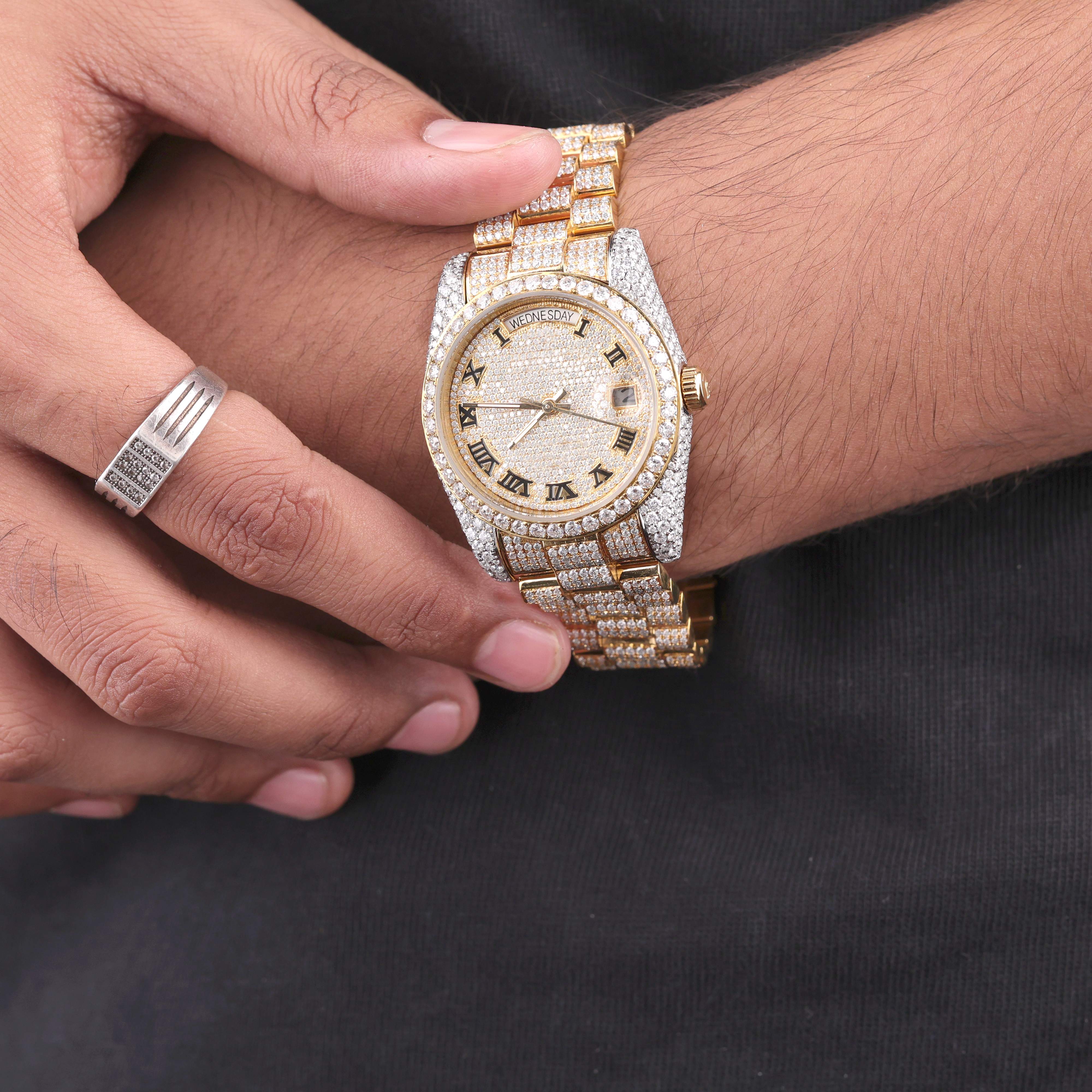 DripblingJewelry Iced-Out Gold Roman Dial Watch – Day & Date Edition