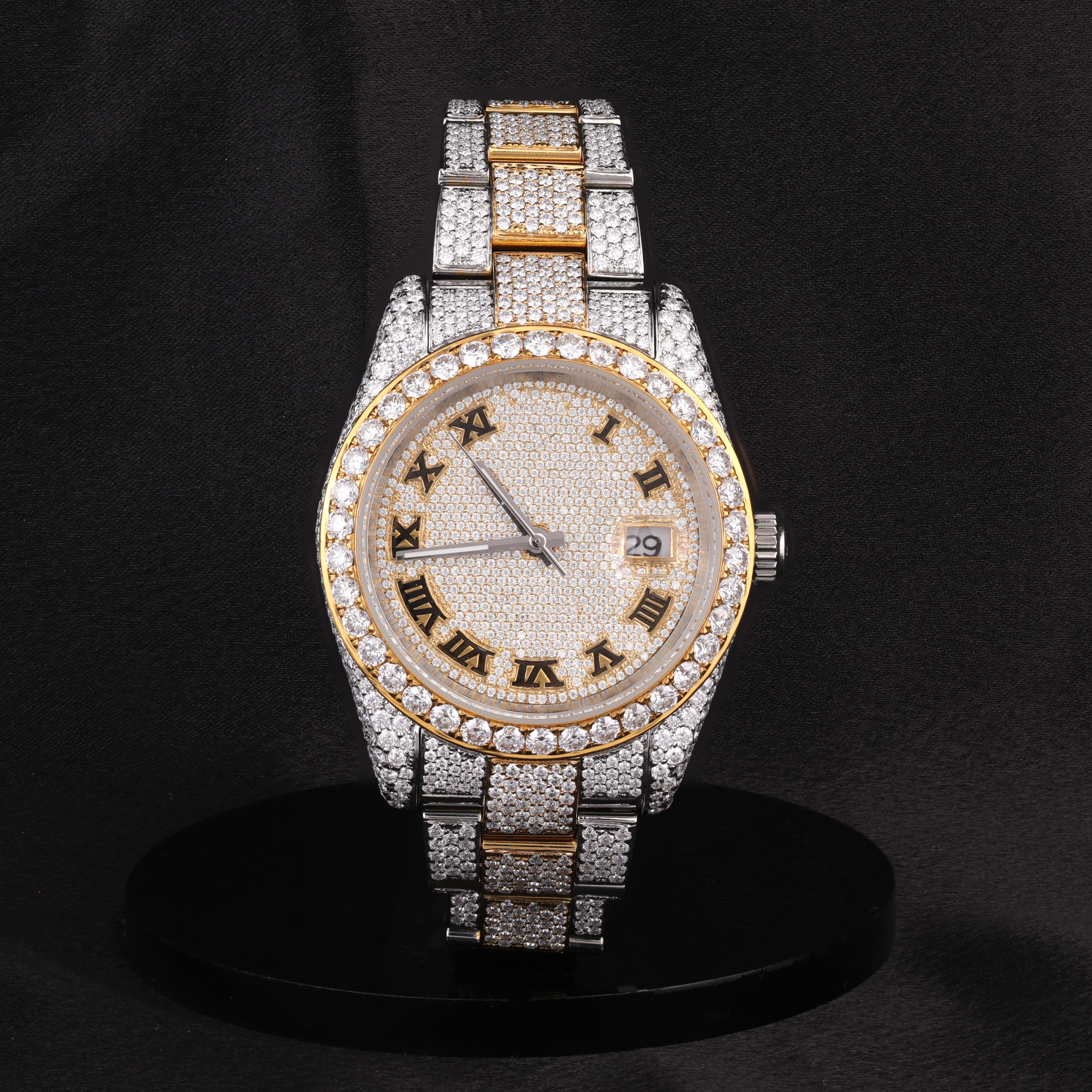 DripblingJewelry Two-Tone Iced Roman Dial Watch – Date Display Edition