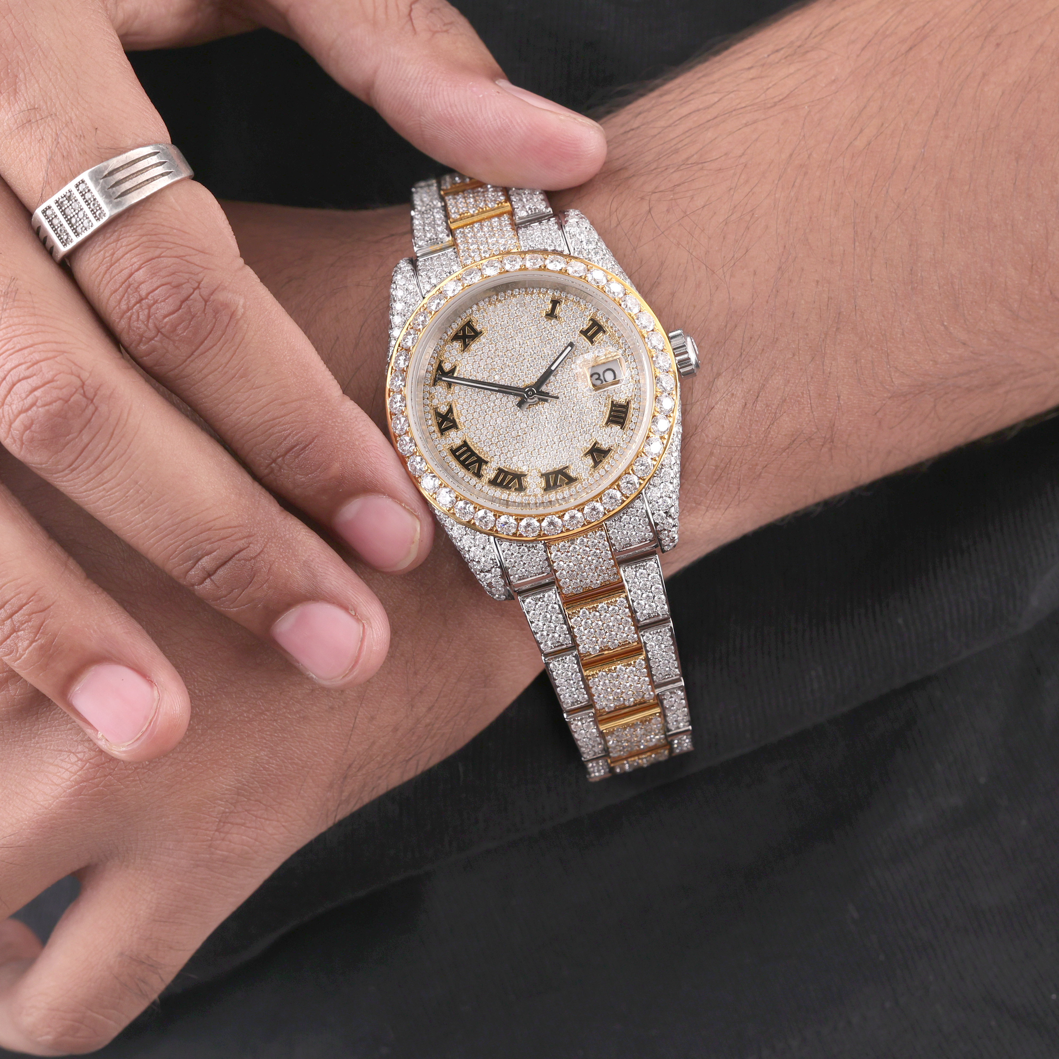 DripblingJewelry Two-Tone Iced Roman Dial Watch – Date Display Edition