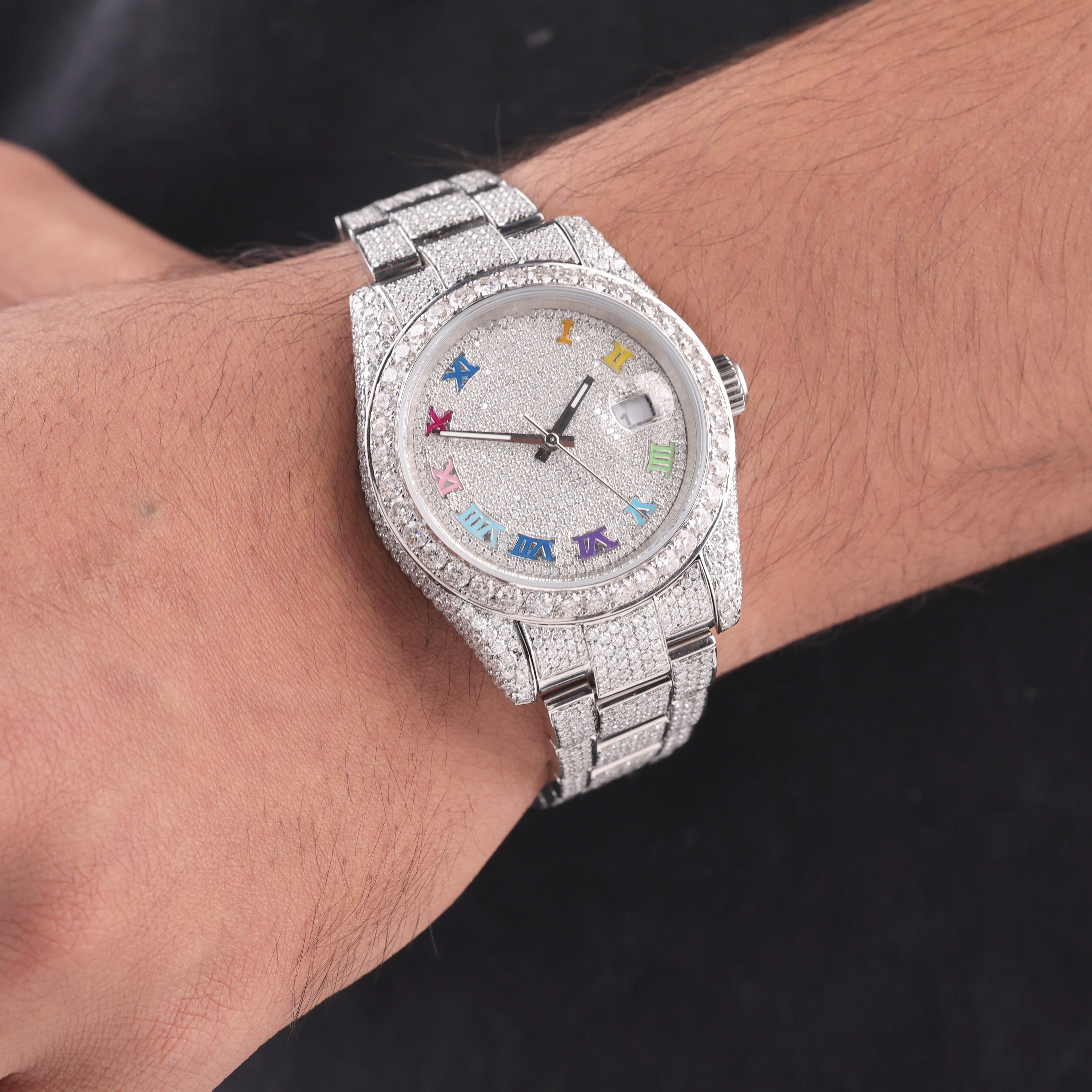 DripblingJewelry Rainbow Roman Iced-Out Watch – Frosted Edition