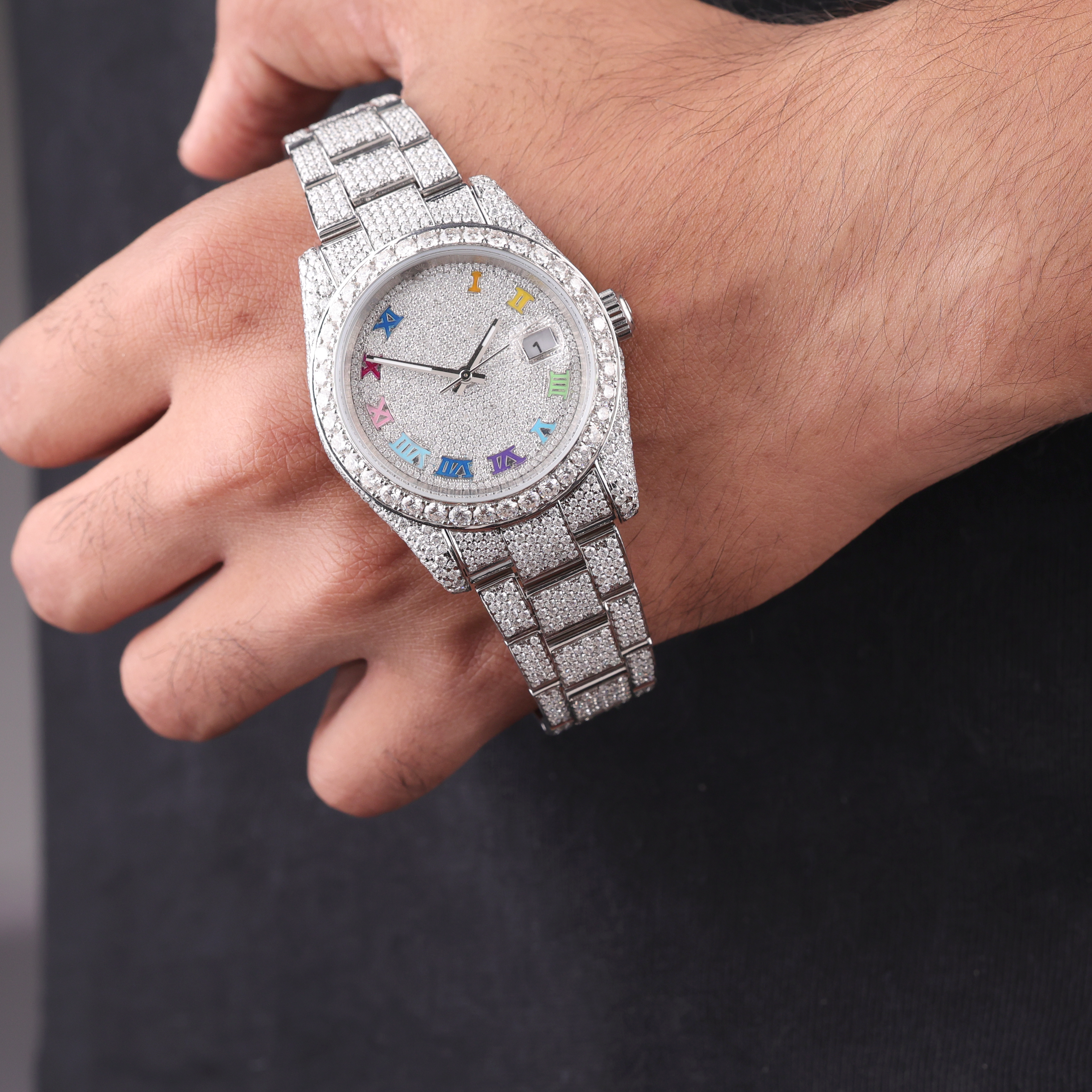 DripblingJewelry Rainbow Roman Iced-Out Watch – Frosted Edition