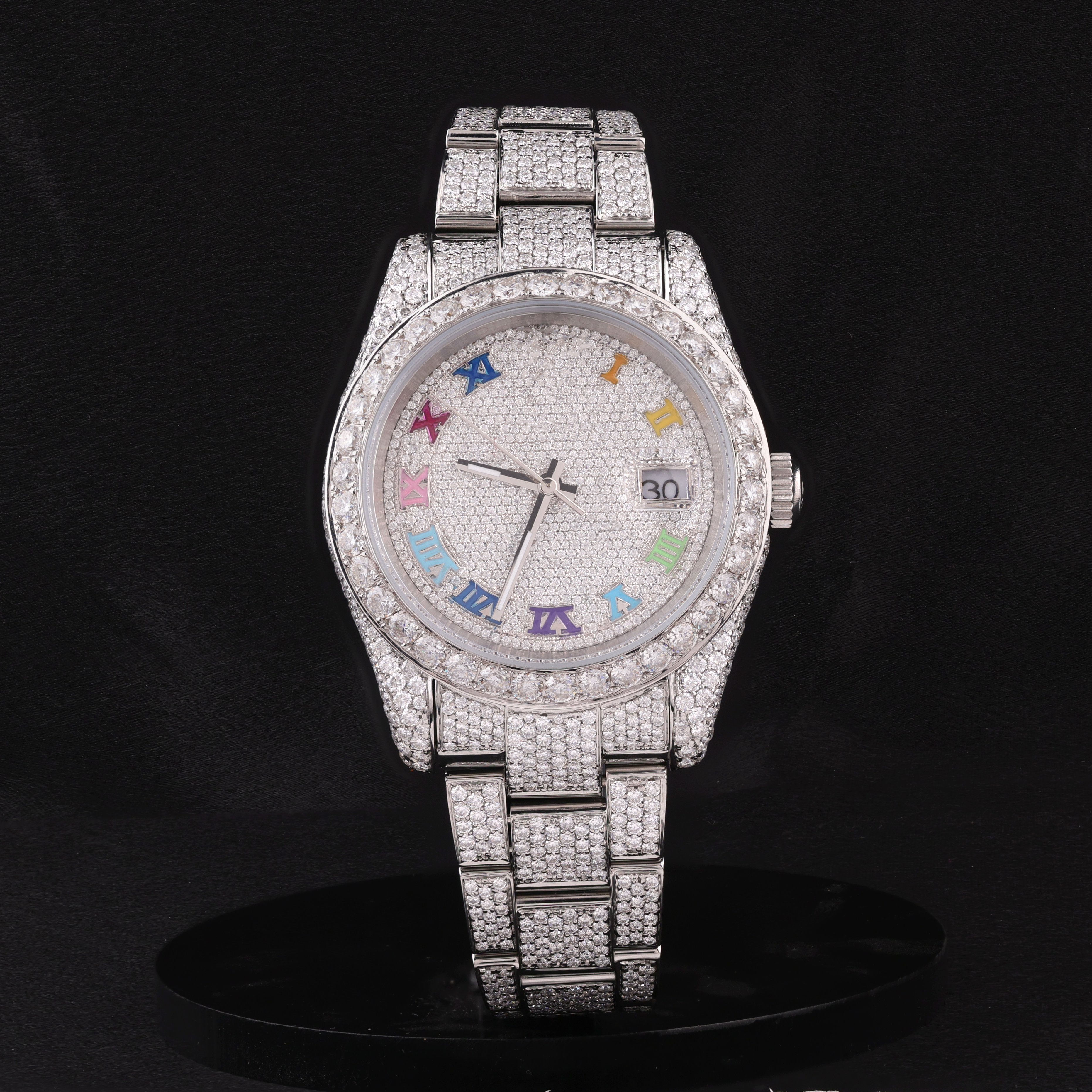 DripblingJewelry Rainbow Roman Iced-Out Watch – Frosted Edition